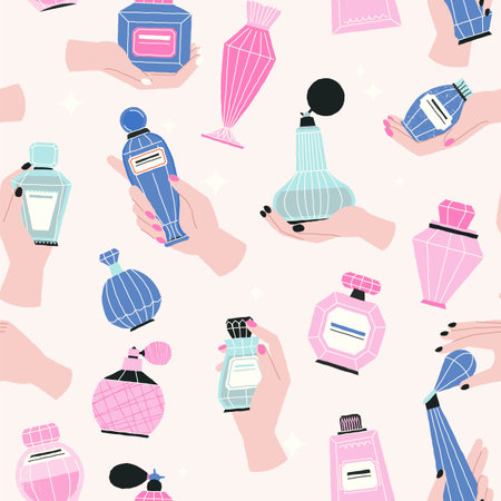 Cartoon perfume pattern. Abstract grungy doodle bottles and flasks with aroma liquid, feminine cosmetic packaging design. Vector textureのイラスト素材