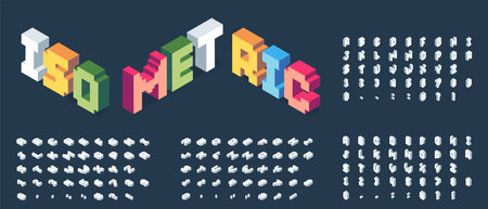 Isometric font. Futuristic 3D alphabet with colorful geometric shapes, modern cubical letters for alphabet poster design. Vector colorful typeface setのイラスト素材