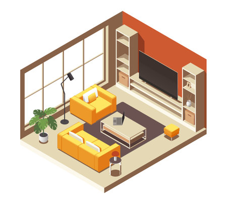 Isometric living room interior. Cartoon apartment with furniture, modern domestic room with sofa and armchair, home interior design. Vector illustrationのイラスト素材