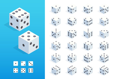 Isometric dice. 3D random roll of casino game elements, gambling and risk concept, poker and craps board game asset. Vector isolated setのイラスト素材