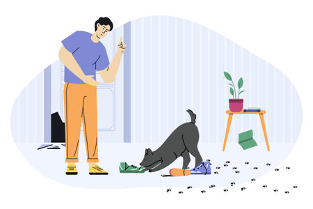 Dog behavior naughty problem at room, mess and disorderのイラスト素材