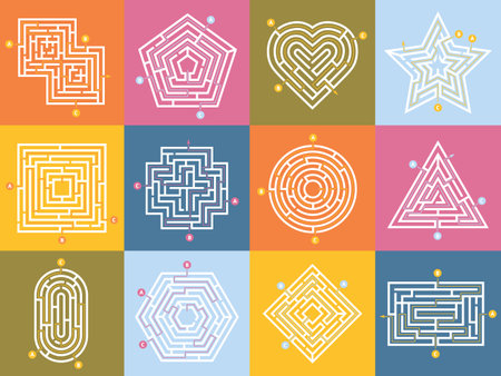 Labyrinth game. Maze conundrum, labyrinth way rebus and many entrance riddleのイラスト素材