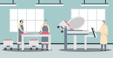 People working in factory of meat productsのイラスト素材