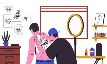 Tattoo salon. Modern studio interior with professional devices and tattooist at workのイラスト素材