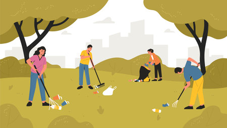 Volunteers cleaning up parks, pick up garbageのイラスト素材