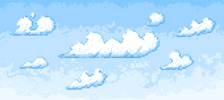Pixel blue sky background. Cartoon nature cloudy sky with white fluffy clouds, summer day landscape with sunlight. Vector texture.のイラスト素材