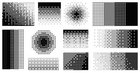 Pixel decay gradient. Abstract geometric dissolve effect with geometric shapes, moving squares and dots. Vector particle explosion and fragmentation.のイラスト素材