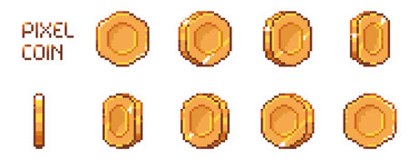 Pixel art coin animation. Retro 8 bit golden coins sprite asset, vintage pixel art coin arcade gaming money bonus and reward, cartoon 2D asset. Vector isolated set pixel art gold coinのイラスト素材