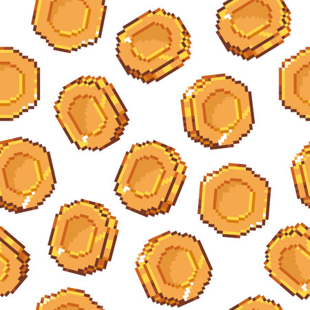 Pixel coin seamless pattern. Retro 8 bit golden coins arcade game background, old video game graphic element. Vector pixelated background with 80s old school style gold coinsのイラスト素材