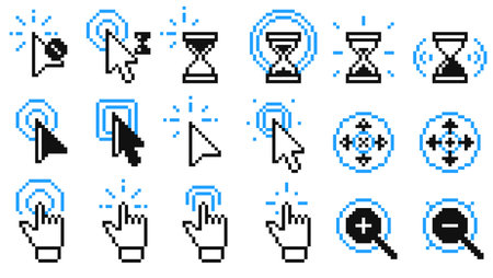 Pixel click icons. Vector arrow clicks icon mouse pointer hand touch finger tap target cursor flat style, web computer mouse cursor click buttons. Vector pixel click icons isolated setのイラスト素材