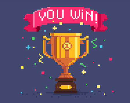 Pixel winner cup background. Cartoon retro gold metal trophy with red ribbon ribbon, 8 bit game winner trophy asset. Vector congratulation illustration. Vintage video game screen with golden gobletのイラスト素材