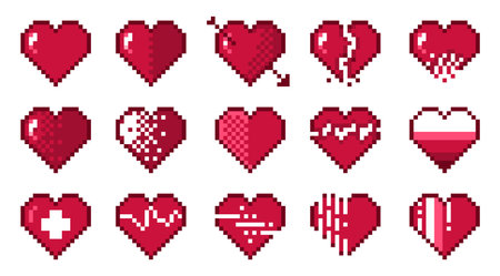 Pixel hearts. Retro 8 bit abstract love symbols, pixelated romance and friendship heart icons, 2D pixel art game asset. Vector isolated set. Broken heart and with amour arrow valentine day signのイラスト素材