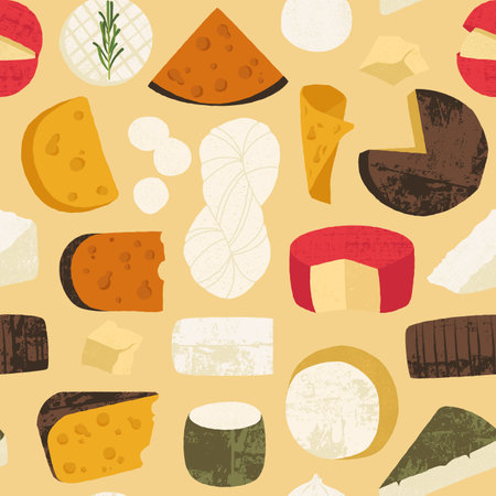 Cheese types pattern. Seamless print with various kinds of cheese, milk food for restaurant menu, cheeseboard design. Vector textureのイラスト素材