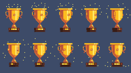 Pixel cup animation sprite. Cartoon retro 8 bit video game golden trophy, winner award for...