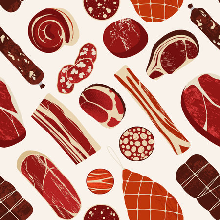 Meat products pattern. Seamless print of various pieces of beef, pork, chicken, ham, sausage, salami, steak, delicatessen dried meat. Vector textureのイラスト素材