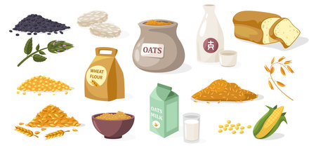 Cereal grains. Cartoon cereal flour rice wheat barley corn rye oats, organic food for breakfast, agriculture and farming concept. Vector setのイラスト素材