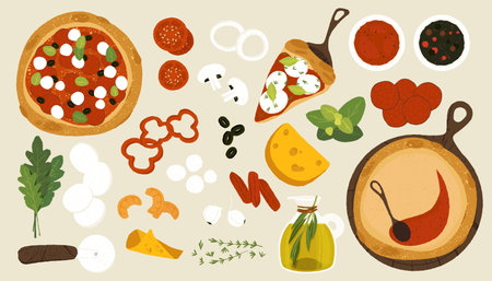 Pizza ingredients. Cartoon pizza with cheese, tomato sauce, pepperoni and mushrooms, italian homemade food flat style. Vector isolated setのイラスト素材
