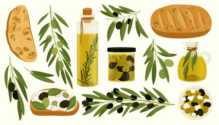 Olive products. Cartoon organic oil and leaf, natural olive cosmetic ingredients for skin care, healthy vegetarian food. Vector isolated setのイラスト素材