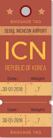Baggage tag from Seoul Incheon Airport dated January 30, 2018, detailing flight information and weight of luggageのイラスト素材