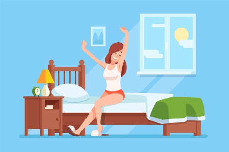 A young woman stretches happily while waking up in a colorful bedroom with sunlight streaming through the windowのイラスト素材