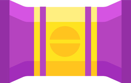 Vibrant purple and yellow flow pack packaging with a round product inside against a white background, customizable for any brand. Ideal for showcasing food itemsのイラスト素材
