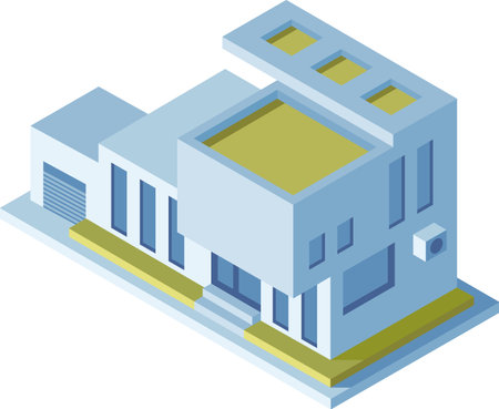 Isometric illustration featuring a modern, minimalist building with a rooftop terrace, large windows, and an attached garage, ideal for architectural and real estate projectsのイラスト素材