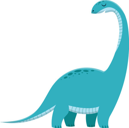 Cartoon illustration of a friendly brachiosaurus dinosaur from jurassic period, smiling and looking up with closed eyes.のイラスト素材