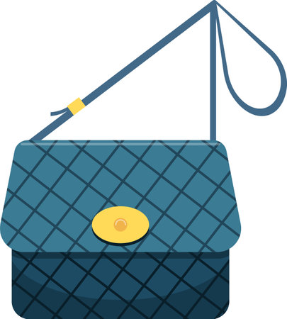 Simple vector illustration of a blue women bag with diamond pattern, long strap and golden clasp fastening isolated on white backgroundのイラスト素材