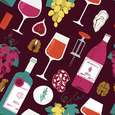 Wine appetizers pattern. Seamless print of french traditional snacks for holiday party, baguette sausage cheese and grapes on red wine background. Vector textureのイラスト素材