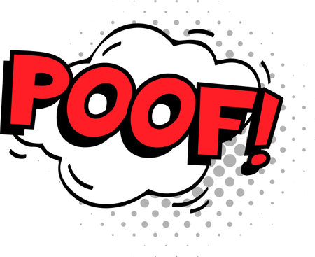 Red word poof with black outline inside a white cloud expressing a sudden disappearance or vanishing act, over a halftone dots backgroundのイラスト素材