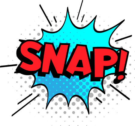 Red snap lettering exploding from a light blue speech bubble with black outline and halftone dots, conveying a sudden or decisive action in a classic comic book styleのイラスト素材