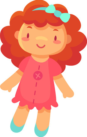 Cheerful rag doll with vibrant red curly hair, adorned with a turquoise bow, wearing a charming pink dress and light blue shoes, stands and smiles, creating a playful and innocent atmosphereのイラスト素材