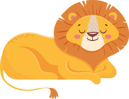 Cartoon illustration of a cute lion cub with closed eyes, lying down and resting, showcasing a peaceful moment in wildlifeのイラスト素材