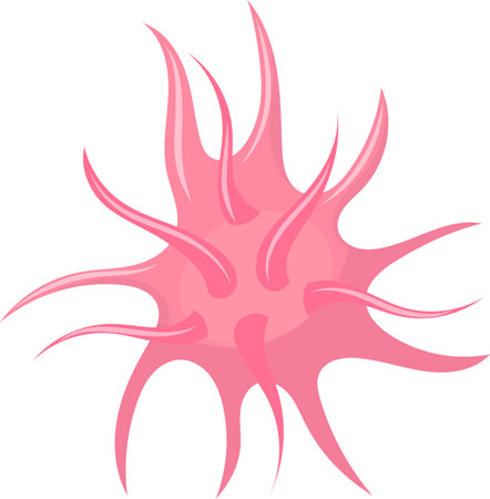 Microscopic view of a pink virus cell moving and spreading its tentacles, potentially representing a health threat or diseaseのイラスト素材