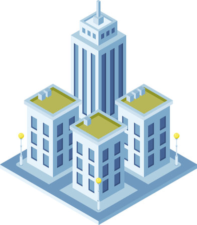 Isometric city buildings with a central skyscraper highlight urban development, infrastructure, and economic growth.のイラスト素材