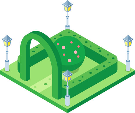 Isometric projection of a green city park featuring an arch, hedges, street lamps, and a central round topiary.のイラスト素材