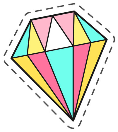 Colorful diamond illustration with dashed outline, representing luxury, value, and beauty in a vibrant and playful style.のイラスト素材