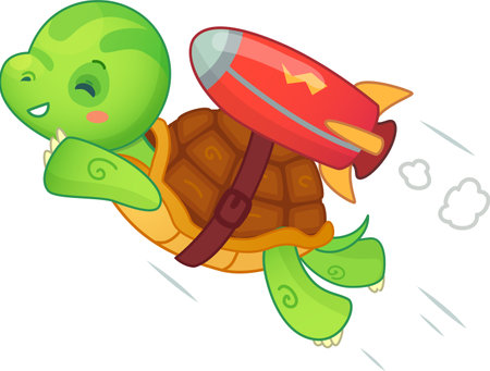 Cheerful cartoon turtle joyfully soars through the sky with a rocket, symbolizing adventure, freedom, and achievement. Perfect for conveying innovation and success in businessのイラスト素材