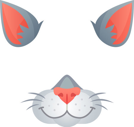 Joyful cartoon cat face with soft grey fur and a cute pink nose on a white background, perfect for pet lovers and animal enthusiastsのイラスト素材