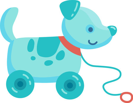 Cartoon illustration of a happy blue toy dog pulling on wheels, suitable for children s books, toys, and playful designs.のイラスト素材