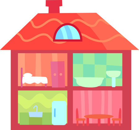 Step into a vibrant dollhouse filled with cozy rooms and charming furniture. Let your imagination run wild with this colorful toy that brings back childhood memoriesのイラスト素材
