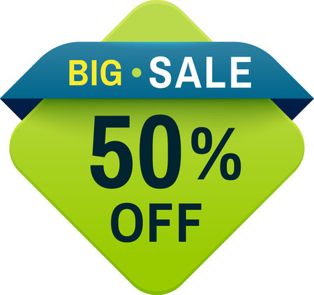 Eye catching green diamond banner with a blue ribbon boldly proclaiming a big sale with a generous 50 percent discount, perfect for grabbing attention and boosting salesのイラスト素材