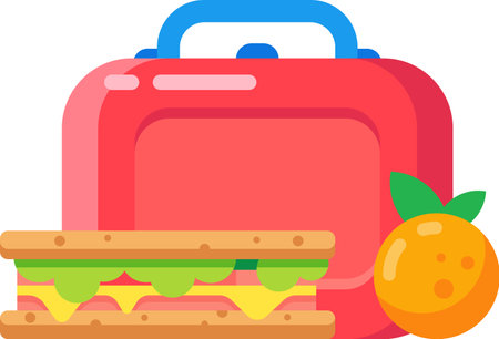 Vibrant illustration showcasing a lunch box, a sandwich, and an orange, symbolizing a nutritious and balanced school lunchのイラスト素材