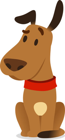 Happy brown dog with a red collar sits in a cute cartoon style against a white background, perfect for adding joy to various projects like cards, posters, and t shirtsのイラスト素材