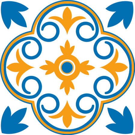 Quatrefoil shape with blue and gold arabesque pattern creating an elegant and intricate design, ideal for ceramic tiles, textile prints, or decorative wallpapersのイラスト素材