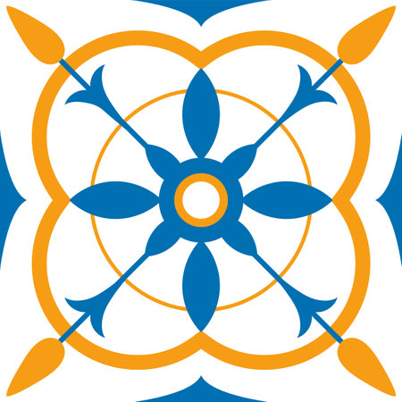 Seamless surface pattern design featuring a stylized floral motif with arrows and circles in shades of blue and orange, suitable for tiles, fabrics, and other decorative applicationsのイラスト素材