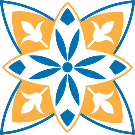 Intricate blue and orange floral star pattern creates a visually appealing decorative tile design, suitable for various applications such as wall coverings, fabric prints, or digital backgroundsのイラスト素材