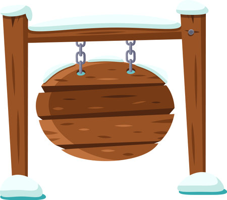 Snow covers a circular wooden sign hanging from a wooden frame and chains, creating a rustic winter scene perfect for advertisingのイラスト素材