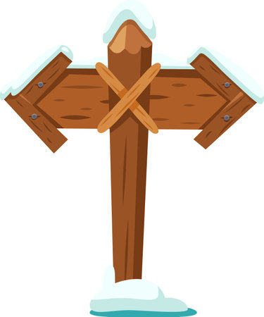 Wooden signpost covered with snow showing two opposite horizontal directions with crossed wooden planks over it indicating that both directions are closed or unavailable. Isolated on white backgroundのイラスト素材