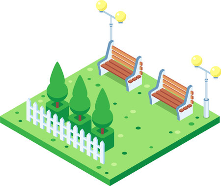 Green city park isometric icon showing two benches, trees surrounded by white fence and street lamps illuminating recreation areaのイラスト素材